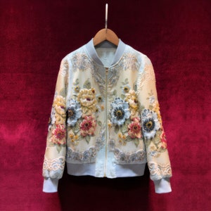 French Vintage Jacquard baseball Jacket, 3D Floral Embellished Jacket, Designer Streetwear beaded Jacket,Embroidery Rhinestone Applique Coat
