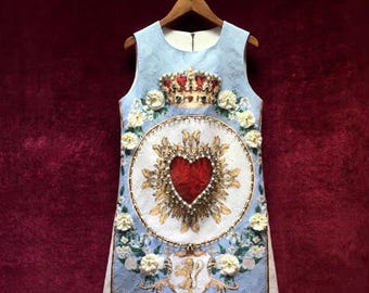 Vintage French Jacquard Dress- 3D Floral & Jeweled Embellishments| Garden Party  Skirt| Custom-Fabric Romantic Applique Dress Gift