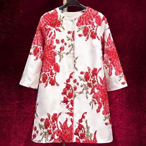 Vintage Franse bloemen geborduurde jas - 3D-kralen en juwelenaccenten 3/4 mouwen Couture|Stof romantische midi-jas cadeau | Ondersteuning monogram
