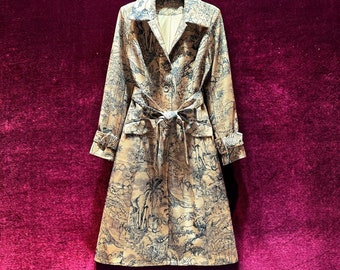 Vintage Long Trench Jacket with Belt, French Slim Fit Floral Trench Coat, Floral Embellished Coat with Belt, Designer Streetwear Jacket Coat