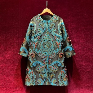 Vintage French Embroidery Mom Wear - 3D Flowers & Jeweled Accents (For All Ages) | Custom-Fabric Casual Elegant  3/4 Sleeves Midi Coat Gift