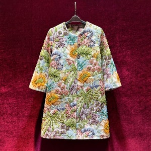 Vintage French Embroidery Mom Wear - 3D Floral & Jeweled Accents 3/4 Sleeves Couture|Custom-Fabric Romantic Midi Coat Gift |Monogram Support