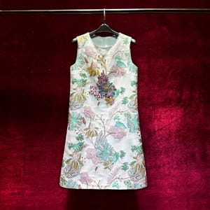 Vintage French Embroidery Jacquard Dress - 3D Floral & Jeweled Accents |  Beaded Vintage Sleeveless Dress |  Garden Party Dress