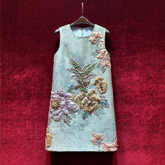 Vintage French Embroidery Dress - A-Line Dress | 3D Floral & Jeweled Accents for  Garden Parties and Casual Weddings (2 colors)