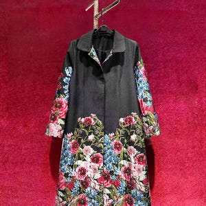 Black Vintage French Floral Embroidered Set: Coat & Sleeveless Dress with Jeweled Accents, Up to 2XL