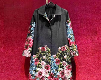 Black Vintage French Floral Embroidered Set: Coat & Sleeveless Dress with Jeweled Accents, Up to 2XL,Gift for Mom