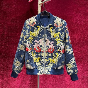 French Vintage Jacquard Baseball Jacket | Intricate Embroidered & Jeweled Bomber Jacket, Streetwear Beaded Statement Piece | for All Ages
