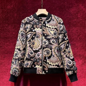 French Vintage Jacquard baseball Jacket, 3D Floral Embellished Jacket, Designer Streetwear beaded Jacket,Embroidery Rhinestone Applique Coat