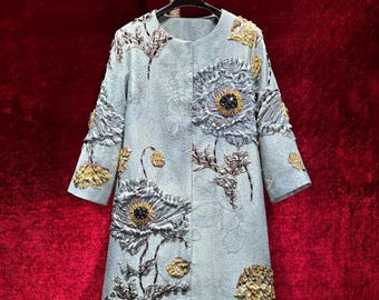 Vintage French Embroidery Mom Wear - 3D Floral & Jeweled Accents 3/4 Sleeves Couture|Custom-Fabric Romantic Midi Coat, Gift for Mom