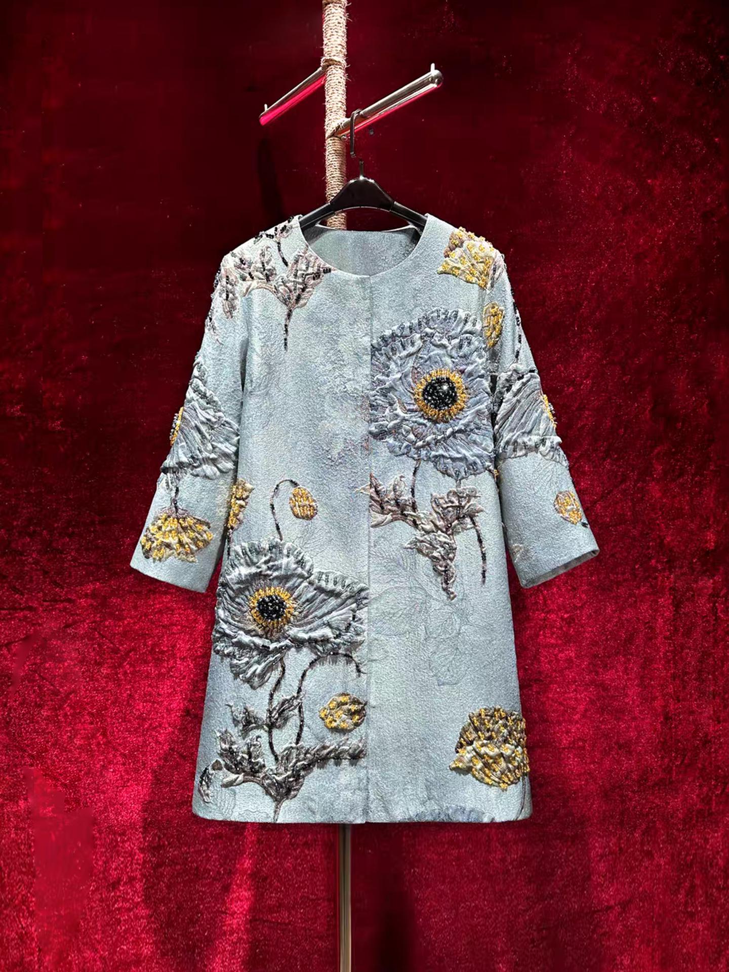Vintage French Embroidery Mom Wear - 3D Floral & Jeweled Accents 3/4  Sleeves Couture|custom-fabric Romantic Midi Coat, Gift for Mom