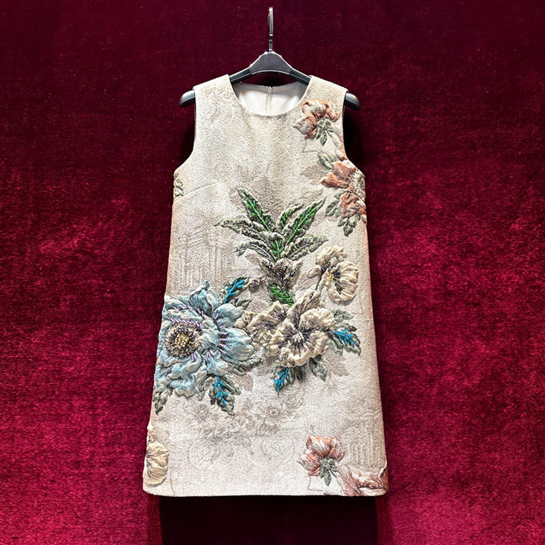 Vintage French Jacquard Dress, 3D Floral Embellished Dress, Sleeveless ...