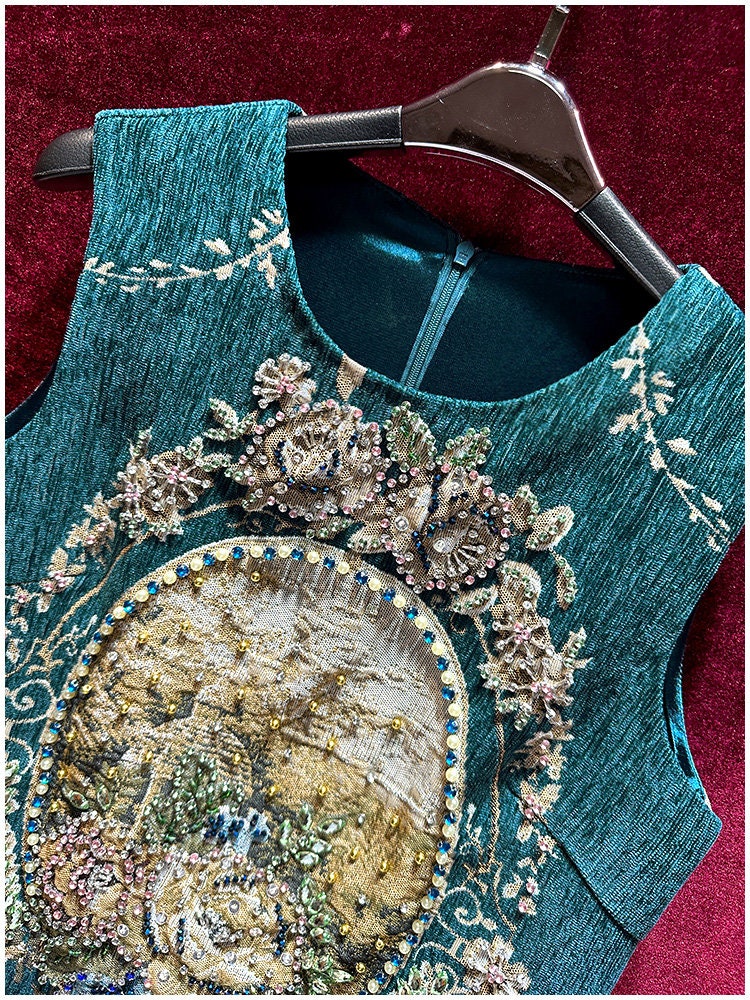 Vintage French Jacquard Dress, 3D Floral Embellished Dress, Sleeveless ...