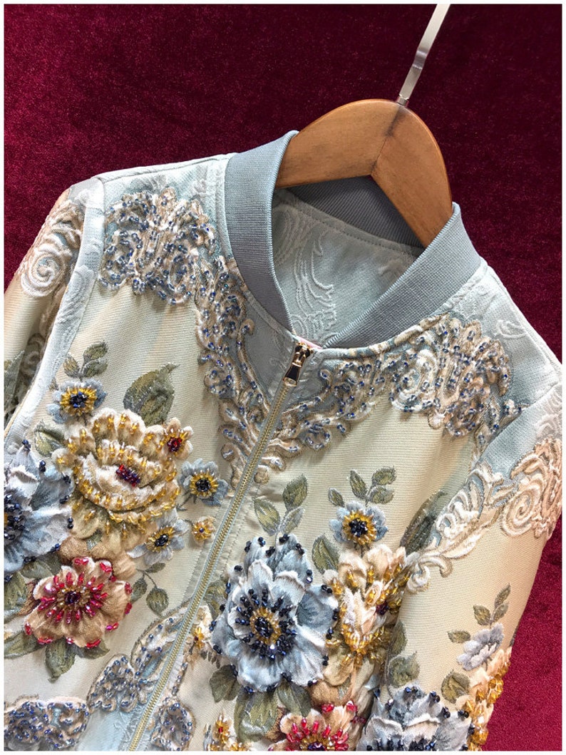 French Vintage Jacquard Baseball Jacket, 3D Floral Embellished Jacket ...