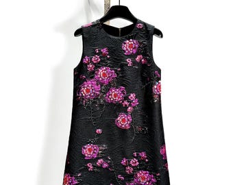Vintage French A-Line Dress - 3D Floral Jeweled Party Dress ,Sleeveless Floral Embellished Dress