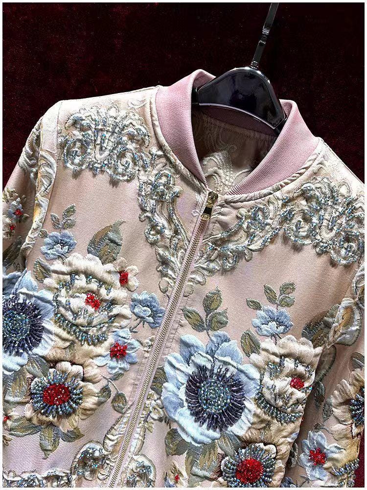 French Vintage Jacquard Baseball Jacket, 3D Floral