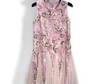 Vintage French A-Line Dress -  Pink 3D Floral Embroidered Tulle Party Dress | Summer Wedding Guest Dress