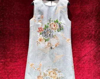 Vintage French Embroidered Dress – 3D Floral, Jeweled A-Line