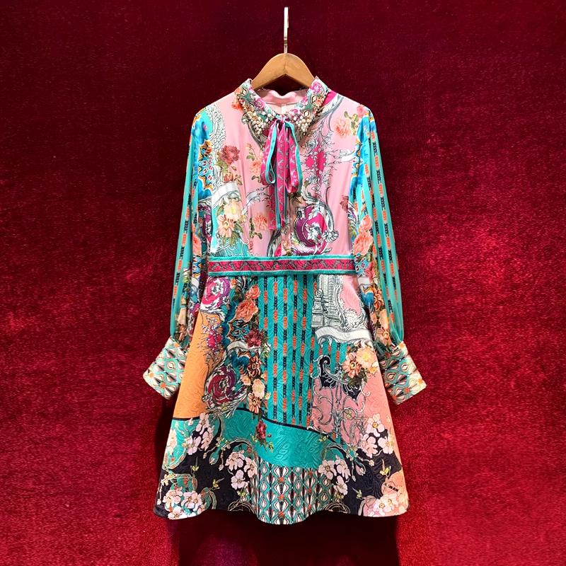 Long Sleeve Floral Dress with Jeweled Accents Collar| Vintage Button-Down Dress | Custom-Fabric Clothing Gift | Garden Party Dress