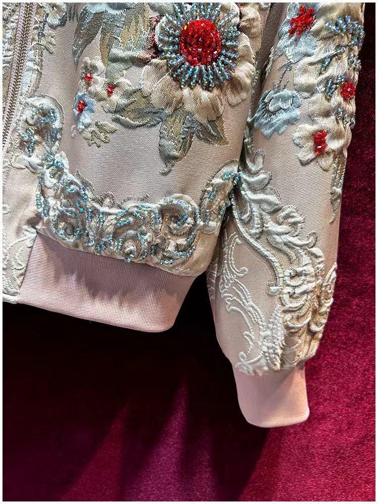 French Vintage Jacquard Baseball Jacket, 3D Floral