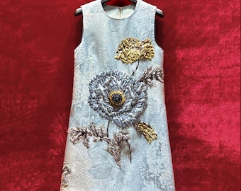 Light Blue Vintage 3D Floral Embroidered Set: Sleeveless Dress & Coat with  Floral Jeweled Accents, Wedding Guest Ready, Up to 3XL