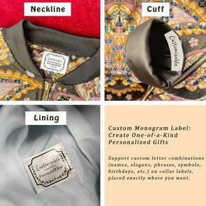 May include: Close-up of a decorative bomber jacket with a floral pattern and gold zipper. The jacket features a customizable label with the text "Customizable Encrusted Fleur". The lining is light blue.