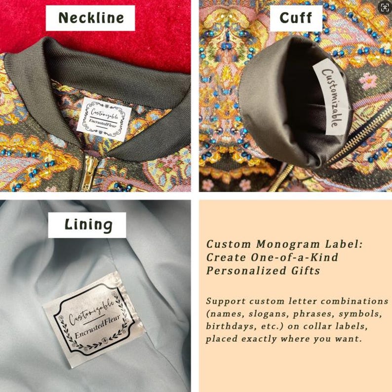 May include: Close-up of a decorative bomber jacket with a floral pattern and gold zipper. The jacket features a customizable label with the text "Customizable Encrusted Fleur". The lining is light blue.
