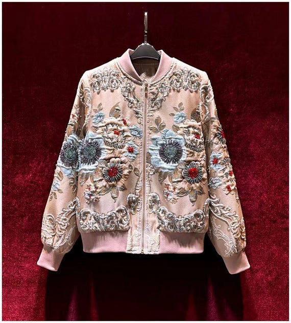 French Vintage Jacquard Baseball Jacket, 3D Floral French Vintage Jacquard Baseball Jacket, 3D Floral