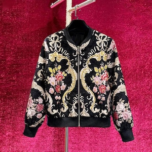 French Vintage Jacquard Baseball Jacket | Intricate Embroidered & Jeweled Bomber Jacket | Fashion Outwear