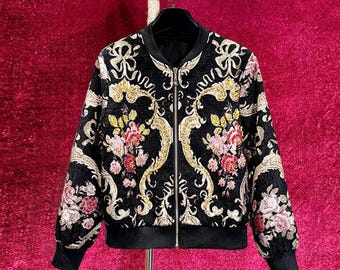 French Vintage Jacquard Baseball Jacket | Intricate Embroidered & Jeweled Bomber Jacket | Fashion Outwear