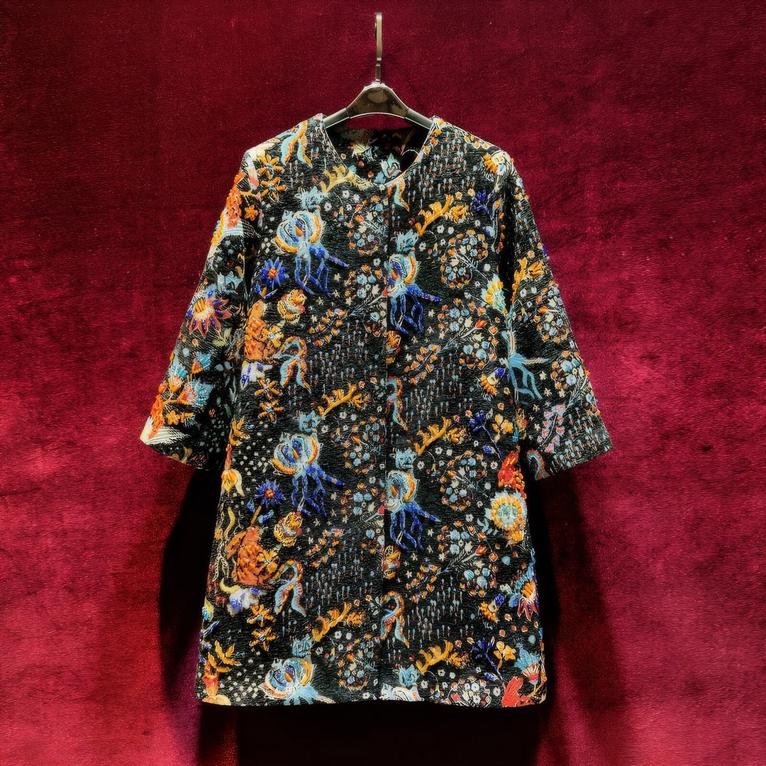 Metallic Floral Jacquard Long Belted Jacket