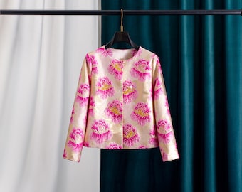 Roze jacquardjurk met bloemenprint en jasje, set voor de moeder van de bruid, tweedelige formele outfit
