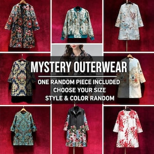 May include: A collection of eight various coats and jackets featuring floral and ornate patterns in diverse colors including red, blue, black, and white. The text MYSTERY OUTERWEAR, ONE RANDOM PIECE INCLUDED, CHOOSE YOUR SIZE, STYLE & COLOR RANDOM is visible.