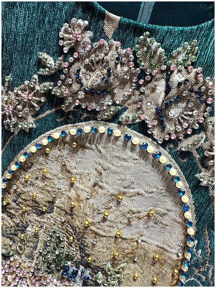 Vintage French Jacquard Dress, 3D Floral Embellished Dress, Sleeveless ...