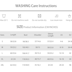 May include: A white product information chart with washing care instructions and size details. The chart includes measurements in inches and centimeters for length, bust, shoulder, and sleeve length, along with US and EU sizes.
