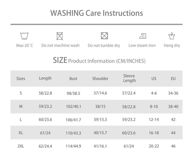 May include: A white product information chart with washing care instructions and size details. The chart includes measurements in inches and centimeters for length, bust, shoulder, and sleeve length, along with US and EU sizes.
