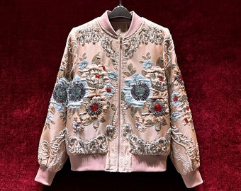 French Vintage Jacquard baseball Jacket, 3D Floral Embellished Jacket, Designer Streetwear beaded Jacket,Embroidery Rhinestone Applique Coat