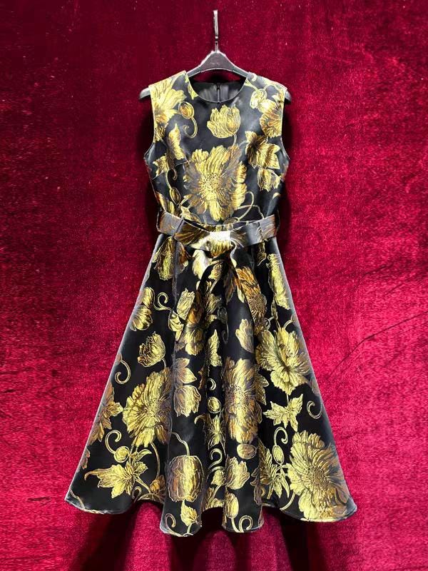 gold and black brocade dress Wedding Guest Dress-Luxurious Silk Blend A-Line Gown,Formal Party Dress,Black Floral Sequined Dresses