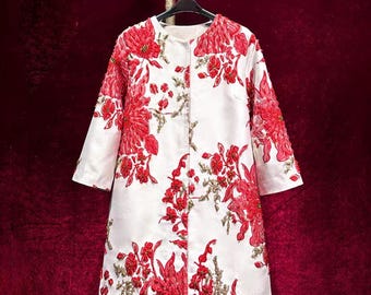 Vintage French Embroidery Mom Wear - 3D Floral & Jeweled Accents 3/4 Sleeves Couture|Custom-Fabric Romantic Midi Coat Gift |Monogram Support