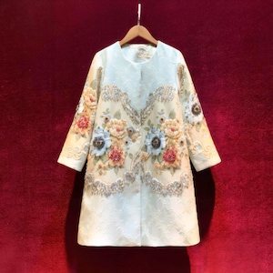 Vintage French Embroidery Mom Wear - 3D Floral & Jeweled Accents 3/4 Sleeve Couture|Custom-Fabric Romantic Midi Coat Gift |Monogram Support