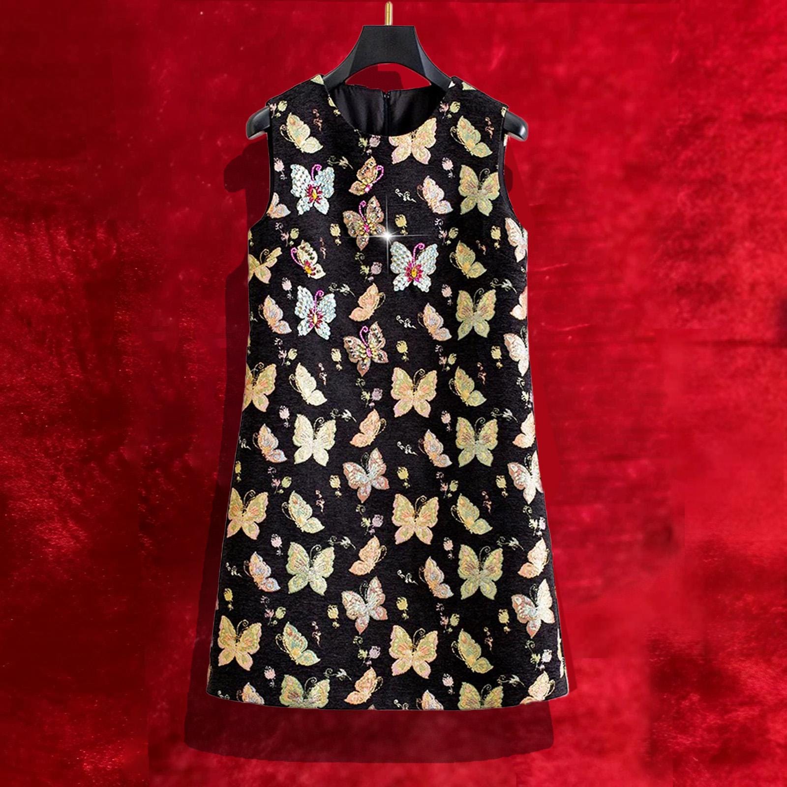 Robe noire sans manches à broderie française - Papillons et bijoux | Robe de soirée romantique | Idées cadeaux de vêtements sur mesure