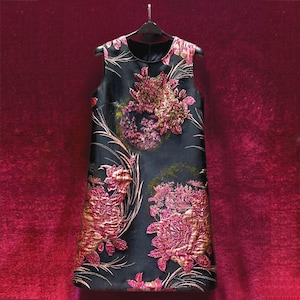 Vintage French Embroidery Jacquard Dress -Hand-Embroidered 3D Floral Sleeveless A-line Dress| Embroidery  Applique Gown | Garden Party Dress