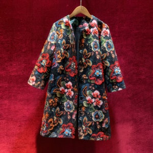 Vintage French Jacquard Jacket, 3D Floral Embellished Jacket, Designer Streetwear beaded Jacket Coat, Embroidery Rhinestone Applique Coat
