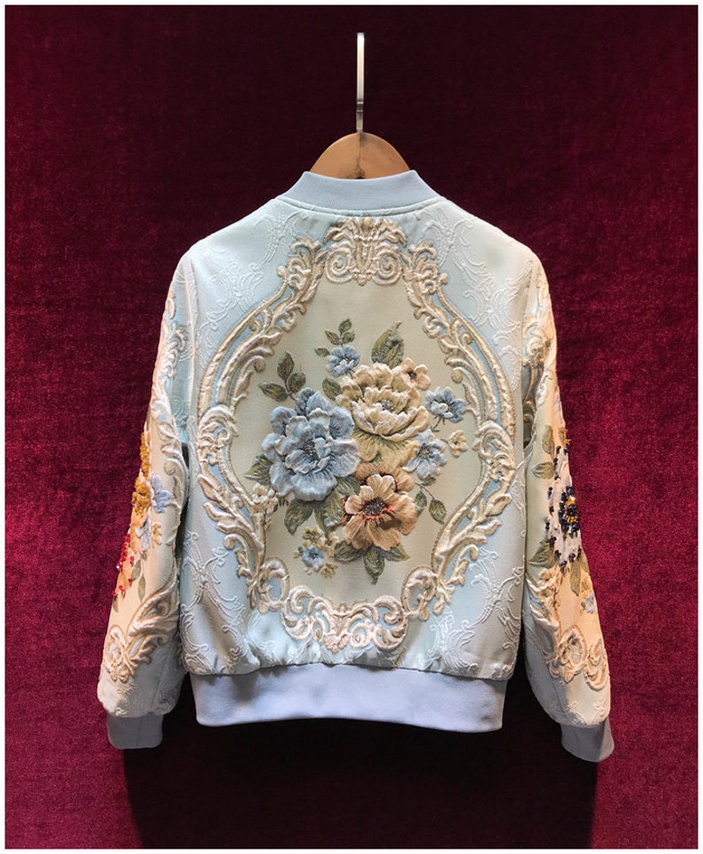 French Vintage Jacquard Baseball Jacket, 3D Floral Embellished Jacket ...
