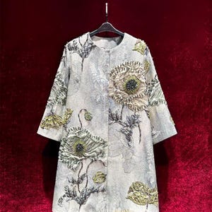 Vintage French Embroidery Mom Wear - 3D Floral & Jeweled Accents 3/4 Sleeves Couture|Custom-Fabric Romantic Midi Coat, Gift for Mom