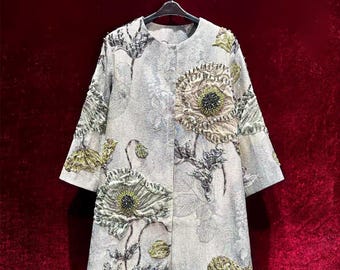 Vintage French Embroidery Mom Wear - 3D Floral & Jeweled Accents 3/4 Sleeves Couture|Custom-Fabric Romantic Midi Coat, Gift for Mom