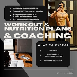 Może przedstawiać: Grafika w czerni i bieli z tekstem "WORKOUT & NUTRITION PLANS & COACHING" w dużych białych literach. Grafika zawiera również listę oferowanych usług, w tym 20-minutową rozmowę telefoniczną przez Whatsapp, 12-tygodniowy indywidualny plan treningowy i cotygodniowe rozmowy telefoniczne. Grafika zawiera również sekcję zatytułowaną "WHAT TO EXPECT" z listą kroków, w tym zakup, rozmowa telefoniczna przez Whatsapp, wypełnienie formularza z celami i dostarczenie programu. Grafika zawiera również zdjęcie mężczyzny o muskularnej budowie ciała.