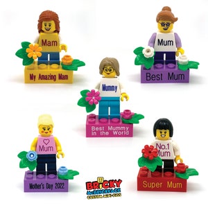 Personalised Mini-Figure on a customised Brick with Flowers - Made using up-cycled LEGO® - Mother's Day Gift - Gift for Mum - Gift for Her