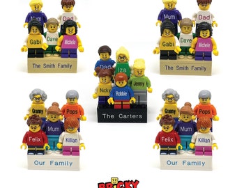 Family of Five Personalised Mini-Figures on a Personalised Brick - Made using up-cycled LEGO- Perfect Family gift - Sisters - Brothers
