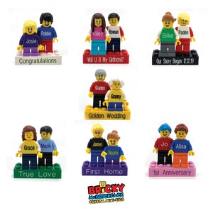 Two Personalised Mini-Figures on a Personalised Brick - Made using up-cycled LEGO- Perfect Valentine’s gift - Perfect Engagement Gift