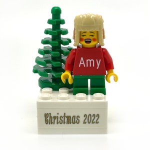 Christmas Scene - Personalised Mini-Figure, Christmas Tree on a Personalised Base - Made using up-cycled LEGO® - Perfect Christmas Gift 2022